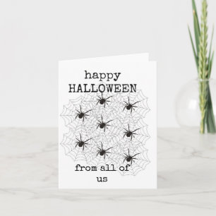 Tarjeta Feliz Halloween, desde todos nosotros, arañas negr