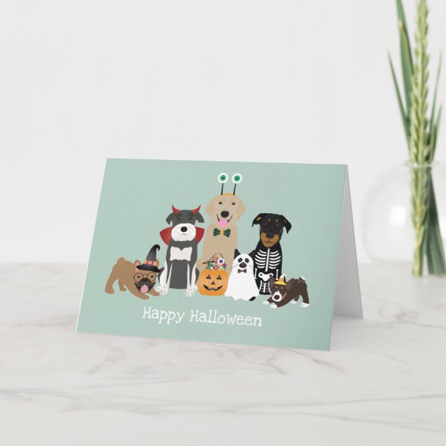 Tarjeta Feliz Halloween Disfraces de Mascotas Espeluznante (Anverso)