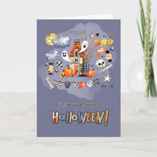 Tarjeta Feliz Halloween. Divertida casa de fantasía