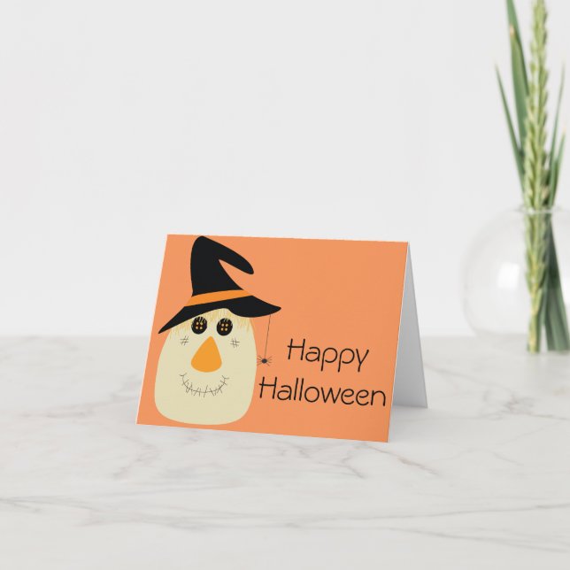 Tarjeta Feliz Halloween, espantapájaros y araña (Anverso)