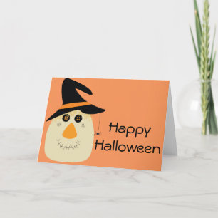 Tarjeta Feliz Halloween, espantapájaros y araña