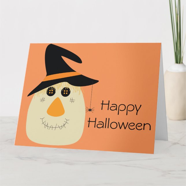 Tarjeta Feliz Halloween, espantapájaros y araña (Anverso)