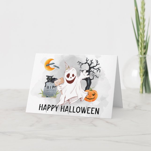 Tarjeta Feliz Halloween Fantasma Acuarela  (Anverso)
