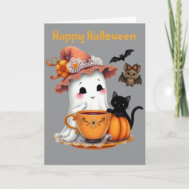 Tarjeta Feliz Halloween Fantasma, Gato, Murciélago Adorabl (Anverso)