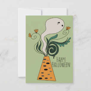 Tarjeta Feliz Halloween Fantasma Verde Floral Doodle