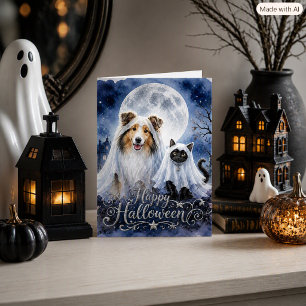 Tarjeta Feliz Halloween Fantasmas Collie & Gato Plegado