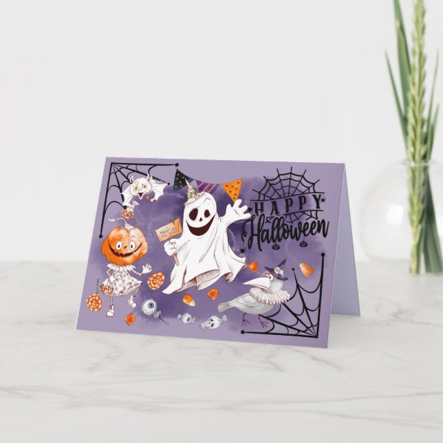 Tarjeta Feliz Halloween. Fun Ghost, Chica de calabaza, Rav (Anverso)