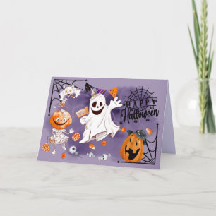 Tarjeta Feliz Halloween. Fun Ghost, Jack O'Lantern