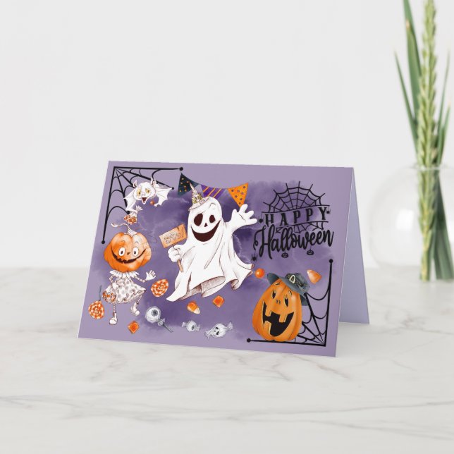 Tarjeta Feliz Halloween. Fun Ghost, Jack O'Lantern (Anverso)