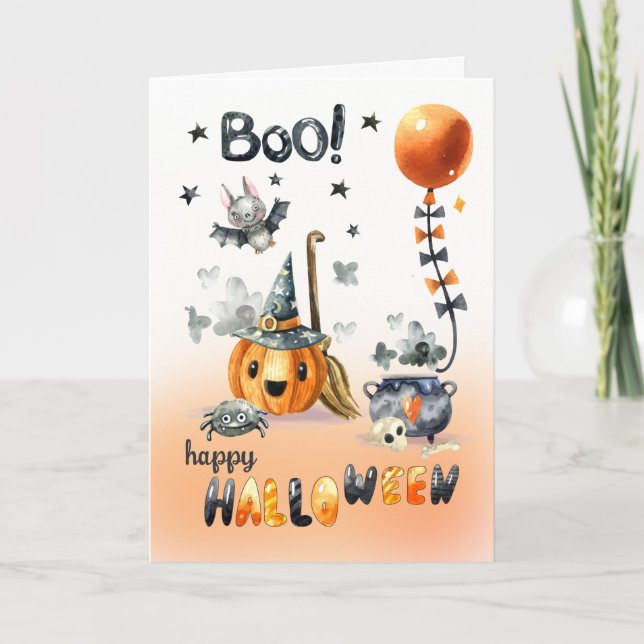 Tarjeta Feliz Halloween. Fun Jack O'Lantern y Little Bat (Anverso)