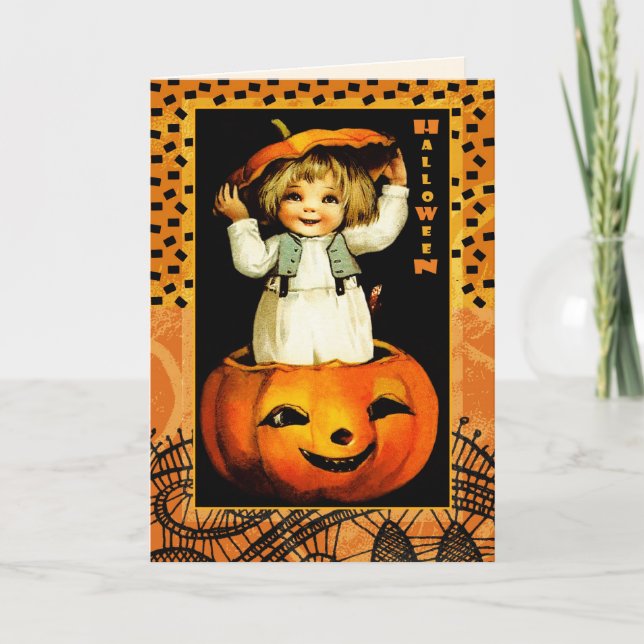 Tarjeta Feliz Halloween. Funny Vintage Kid (Anverso)