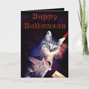 Tarjeta Feliz Halloween Gatito en Vigas Fotografía