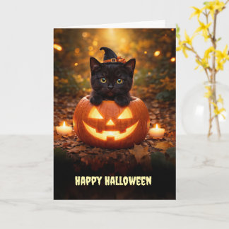 Tarjeta Feliz Halloween Gatito Negro Pequeño y Bonito