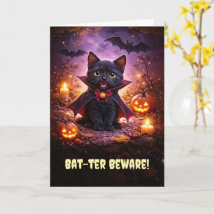 Tarjeta Feliz Halloween Gatito Vampiro Adorable con Murcié
