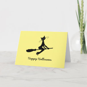 Tarjeta Feliz Halloween, Gato En Broomstick