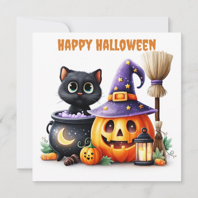 Tarjeta Feliz Halloween Gato Negro (Anverso)