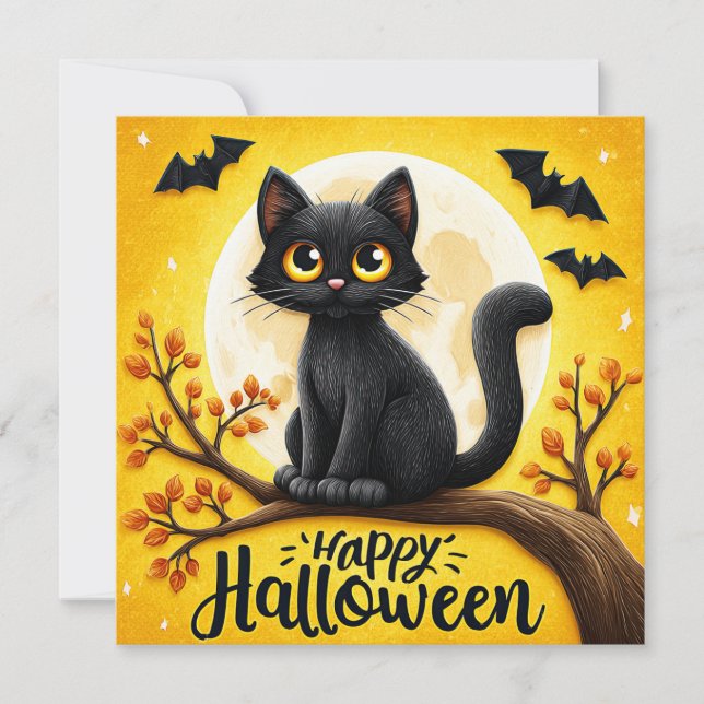 Tarjeta Feliz Halloween Gato Negro (Anverso)