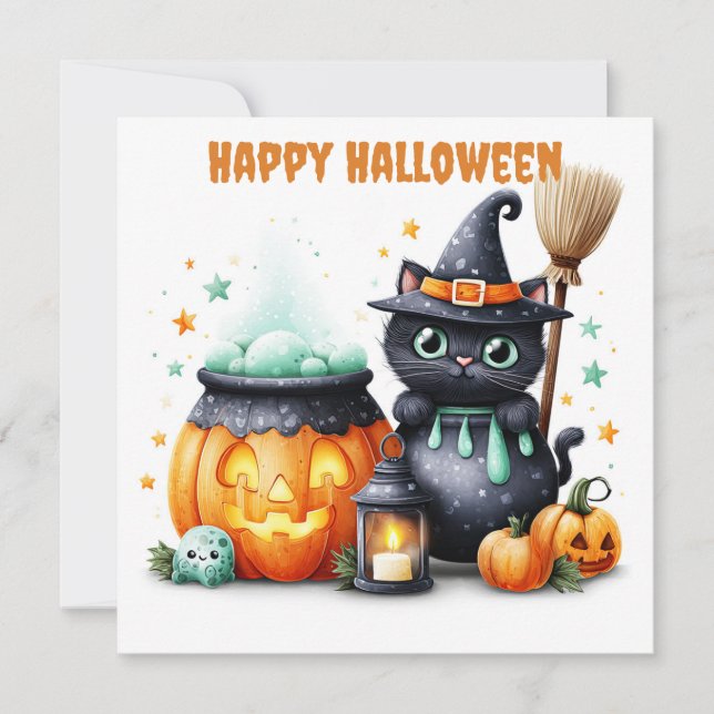 Tarjeta Feliz Halloween Gato Negro (Anverso)