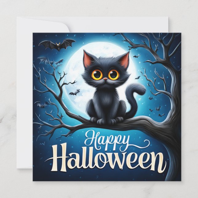 Tarjeta Feliz Halloween Gato Negro (Anverso)