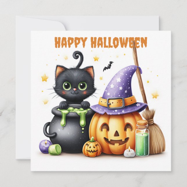 Tarjeta Feliz Halloween Gato Negro (Anverso)