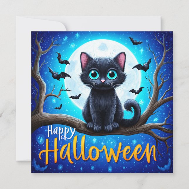 Tarjeta Feliz Halloween Gato Negro (Anverso)