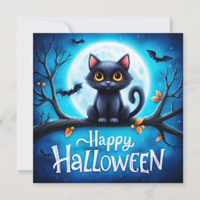 Tarjeta Feliz Halloween Gato Negro (Anverso)