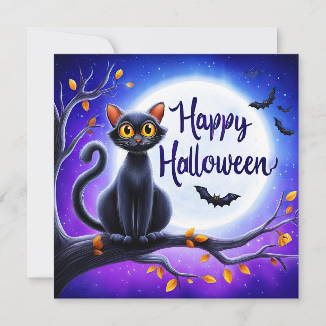 Tarjeta Feliz Halloween Gato Negro (Anverso)
