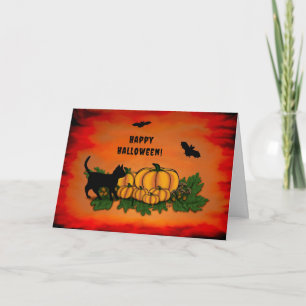 Tarjeta Feliz Halloween, Gato Negro, Bat y Calabaza