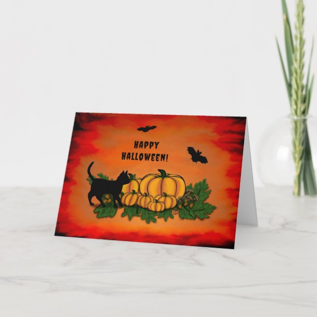 Tarjeta Feliz Halloween, Gato Negro, Bat y Calabaza (Anverso)