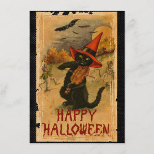 Tarjeta Feliz Halloween Gato Negro Jugando Fiddle Bats