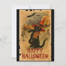 Tarjeta Feliz Halloween Gato Negro Jugando Fiddle Bats