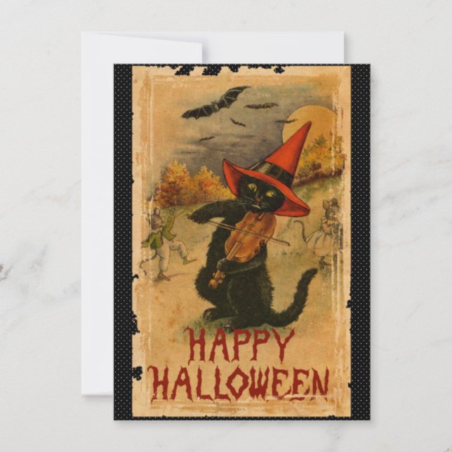 Tarjeta Feliz Halloween Gato Negro Jugando Fiddle Bats (Anverso)