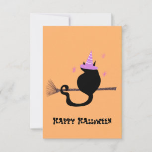 Tarjeta Feliz Halloween Gato Negro Sombrero de Bruja y Esc