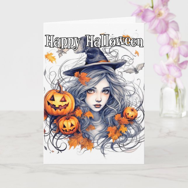 Tarjeta Feliz Halloween | Hermosa bruja otoñal (Orquídea)