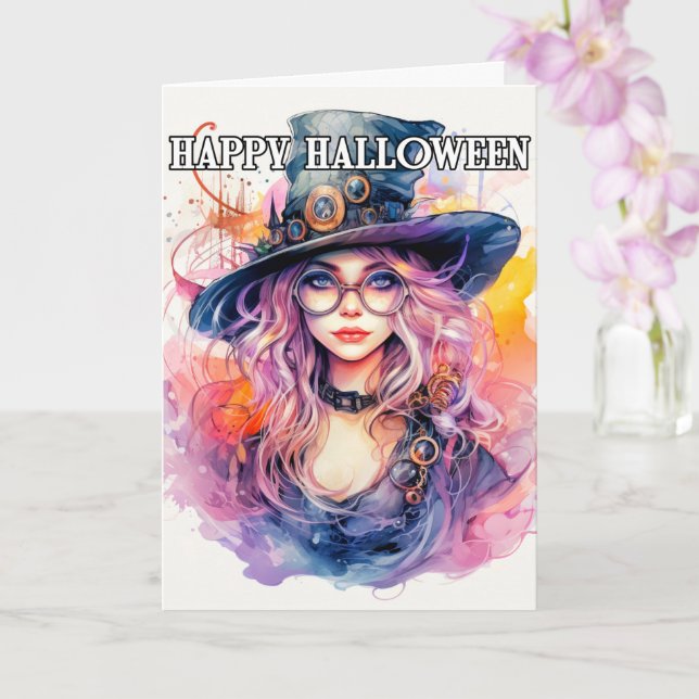 Tarjeta Feliz Halloween | Hermosa bruja Steampunk (Orquídea)
