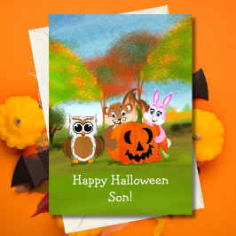Tarjeta Feliz Halloween hijo ardilla de tierra, conejo y b