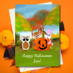 Tarjeta Feliz Halloween hijo ardilla de tierra, conejo y b