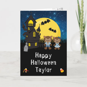 Tarjeta Feliz Halloween Hombre Lobo Azul