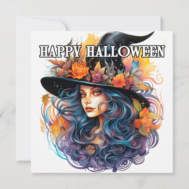 Tarjeta Feliz Halloween | Ilustracion de brujas de otoño (Anverso)