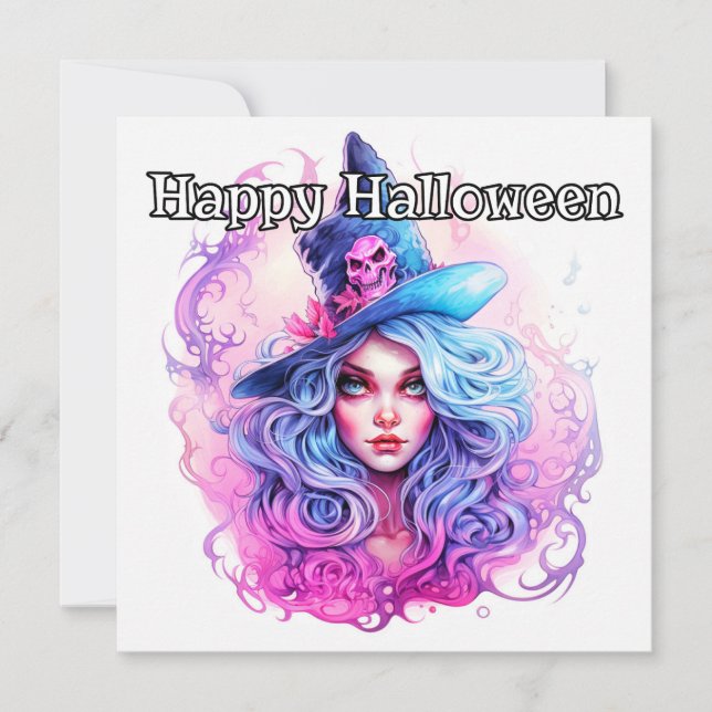 Tarjeta Feliz Halloween | Ilustracion de mujeres brujas (Anverso)