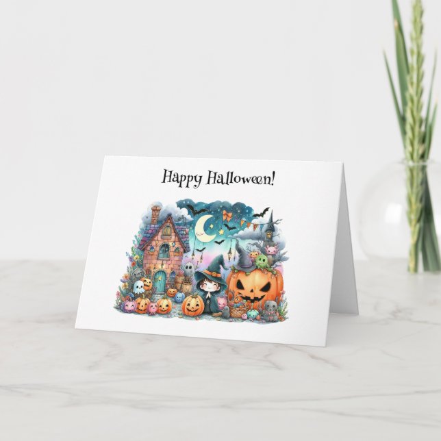 Tarjeta Feliz Halloween Kawaii Saludo (Anverso)