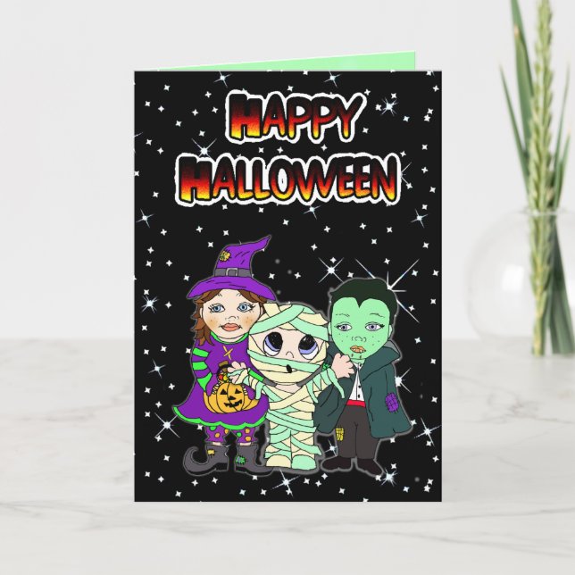 Tarjeta Feliz Halloween Kid Witch, Mummy y Vampiro (Anverso)