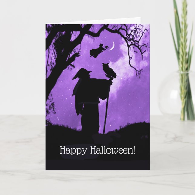 Tarjeta Feliz Halloween Lechuza Mágica de Brujas para Gato (Anverso)