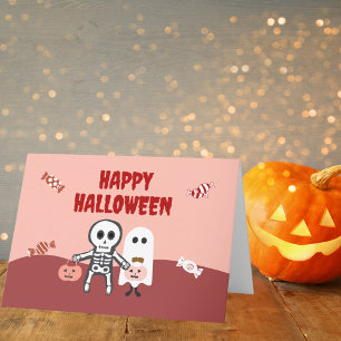 Tarjeta Feliz Halloween, lindo esqueleto y fantasma con du