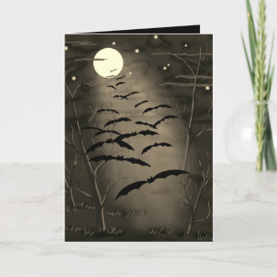 Tarjeta Feliz Halloween Luna Llena Amarilla Murciélagos Vi