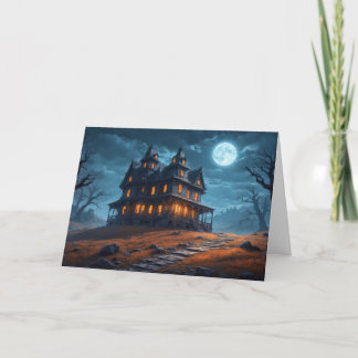 Tarjeta Feliz Halloween, misteriosa casa embrujada