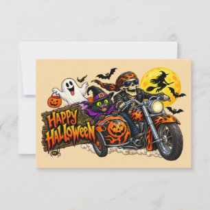 Tarjeta Feliz Halloween Motocicleta Esqueleto Motociclista