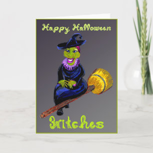 Tarjeta Feliz Halloween Muestra Bruja En Broomstick