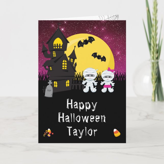 Tarjeta Feliz Halloween Mummy Pink (Anverso)