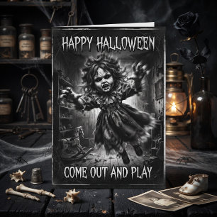 Tarjeta Feliz Halloween Muñeca Antigua Embrujada